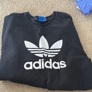 Adidas Black and White Crewneck Sweater with Iconic Trefoil Logo M